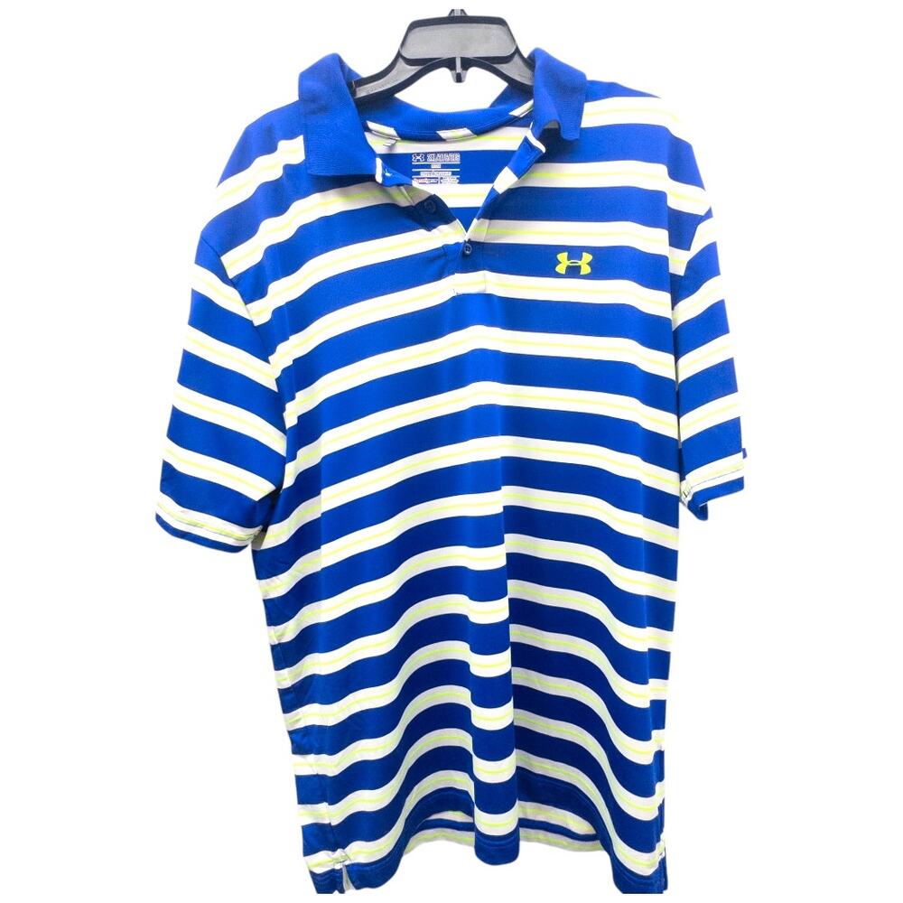 Under Armour Easy Money Stripe Polo Heatgear Mens 2XL Royal Blue Lime Green Golf